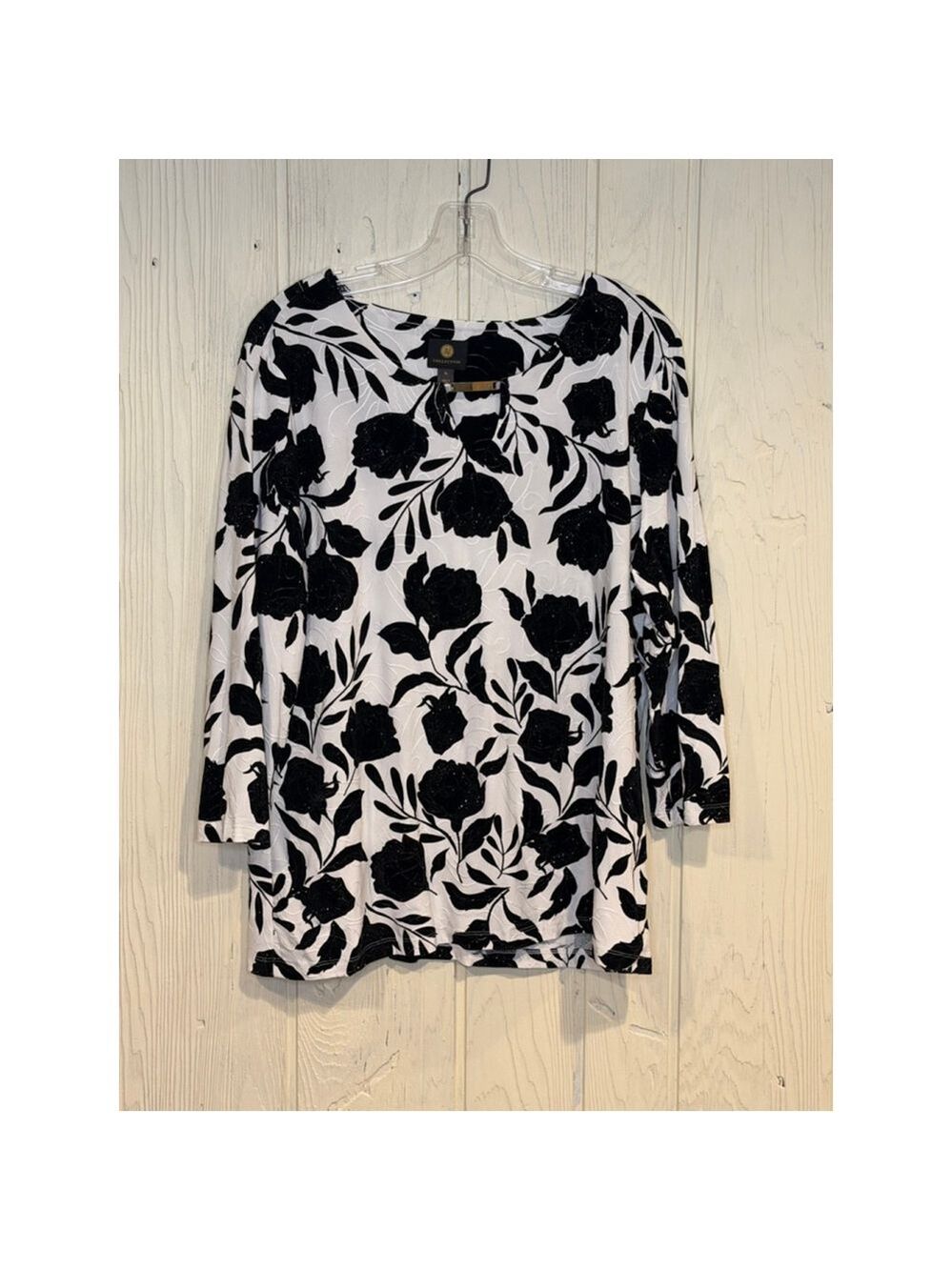JM Collection Tunic Top XL White Black Floral Sequin